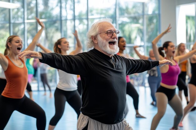 Elderly man happily leading a dance session with group of women.
